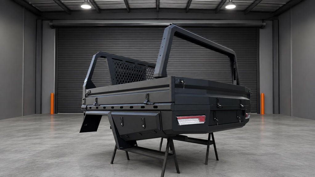 Ultra Tray — rear quarter view showing drop sides, lighting and under-tray boxes.