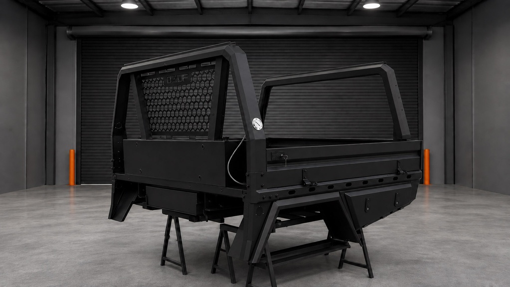 Ultra Tray — front view showing the headboard, tray deck and rear rack.