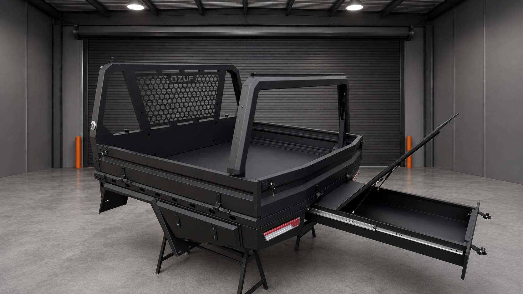 OZUF Gen 1 Ultra Tray — elevated rear three-quarter view with drawer extended and lid open