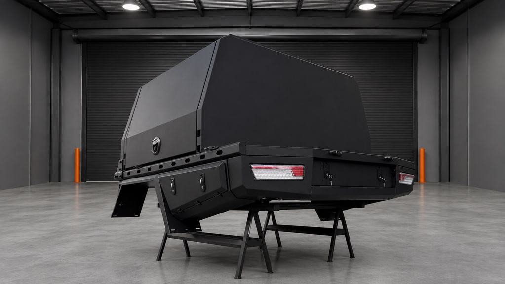 Rear quarter view with canopy closed — sample shown without drop sides.