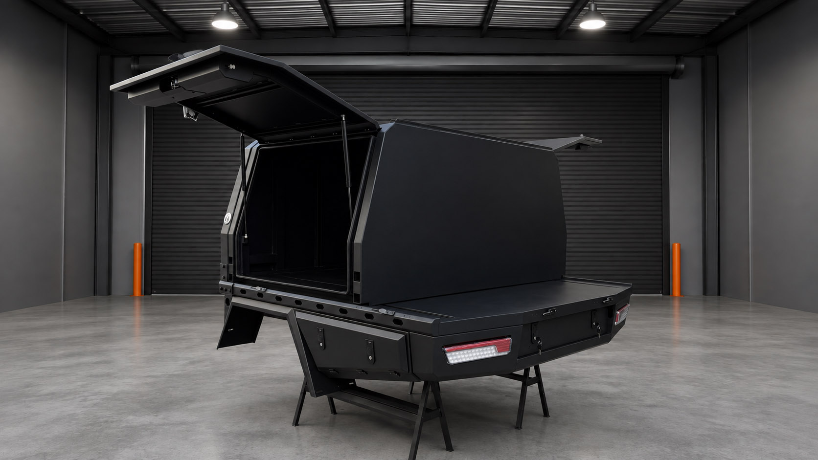 OZUF Gen 1 Ultra Tray — rear three-quarter view with canopy doors open