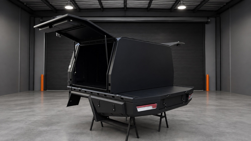 1200 canopy with doors open — sample shown without drop sides.
