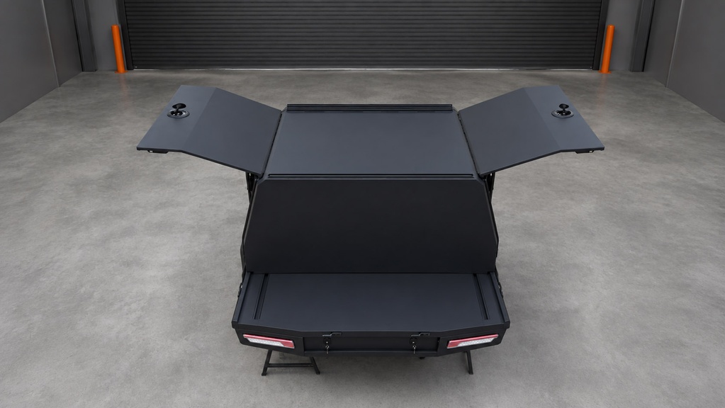 Elevated rear view showing both canopy doors open — photographed sample without drop sides.