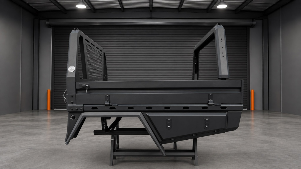 Side profile showing the tray drop side, headboard, rack and under-tray toolbox.